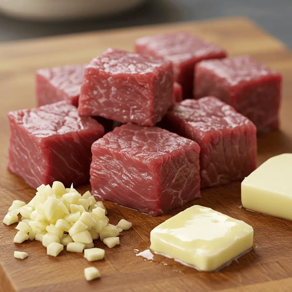 Raw ingredients for garlic butter steak bites