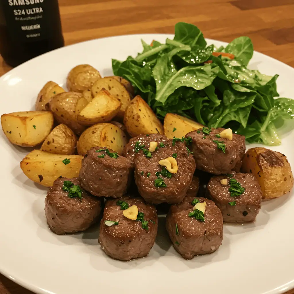 plated garlic butter steak bites with salad side