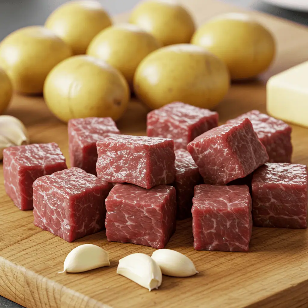 raw steak cubes and baby potatoes for slow cooker garlic butter steak bites