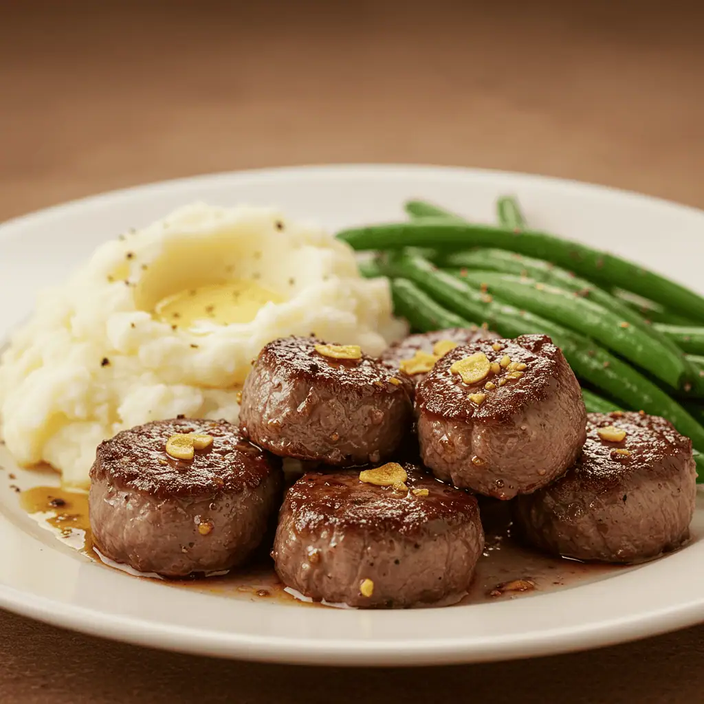 Garlic butter steak bites with mashed potatoes and veggies