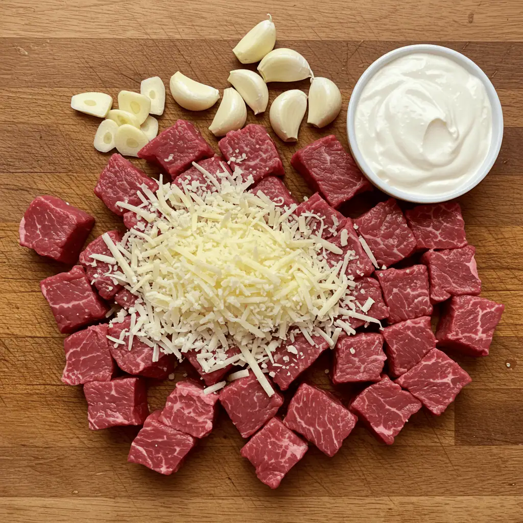 ingredients for garlic butter steak bites and cream sauce