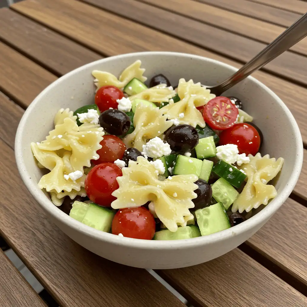Greek summer pasta salad with feta and lemon