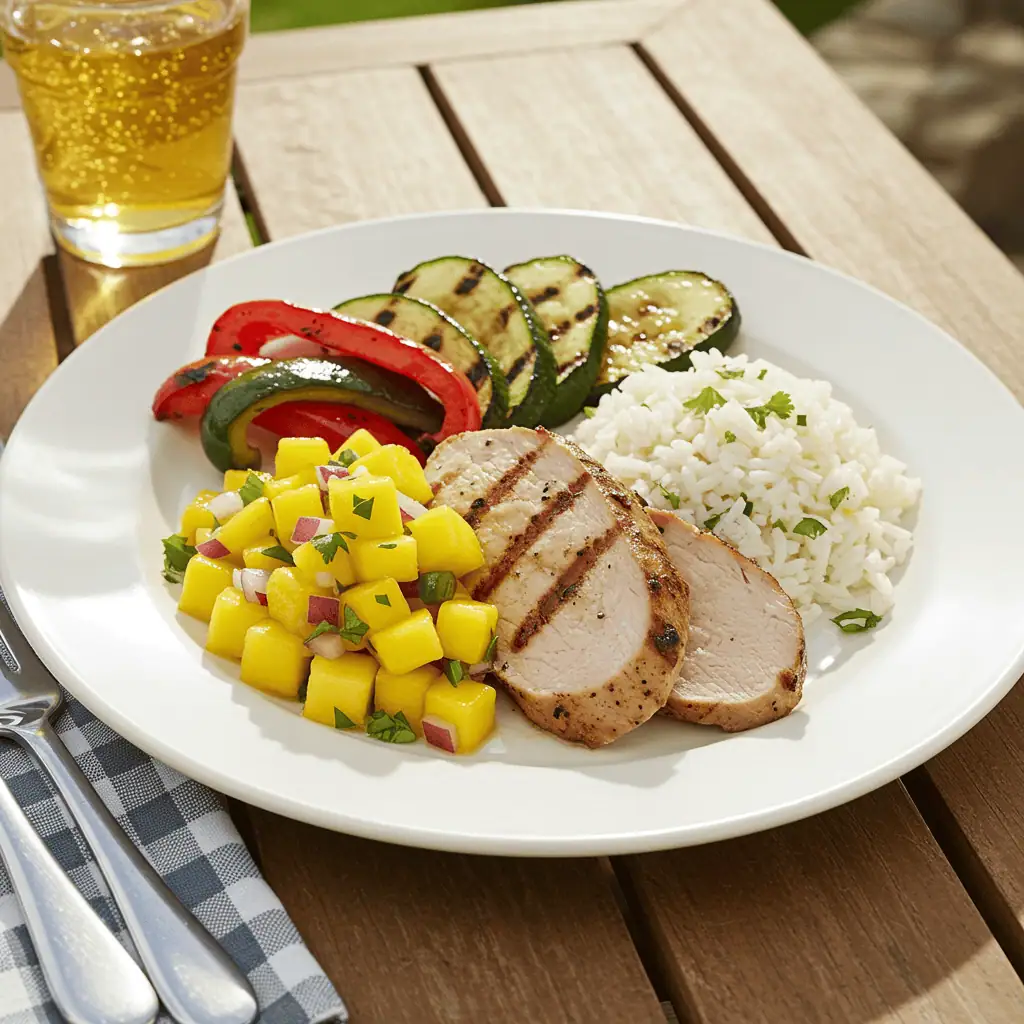 grilled turkey tenderloin with sides and mango salsa