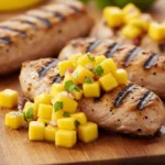 A close-up shot of grilled turkey tenderloins served on a wooden board with mango salsa on top, taken with Samsung S24 Ultra, vibrant lighting