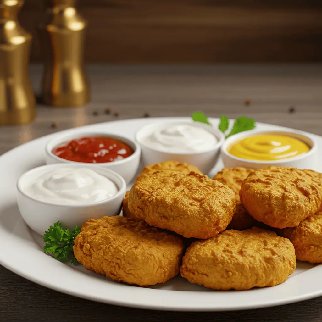 Crispy homemade halal chicken nuggets served with sauces