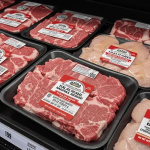 Halal meat in USA supermarket with certified labeling