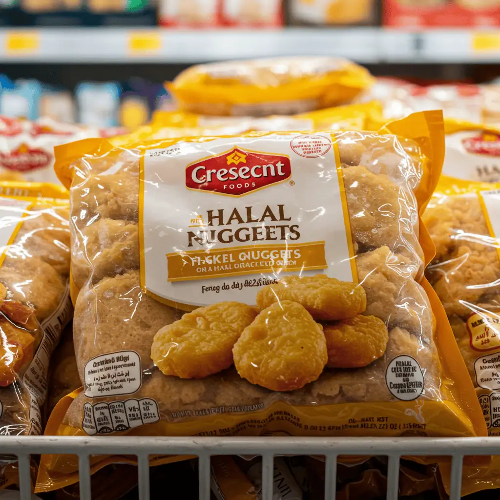 Halal chicken nuggets from Crescent Foods and Midamar in packaging