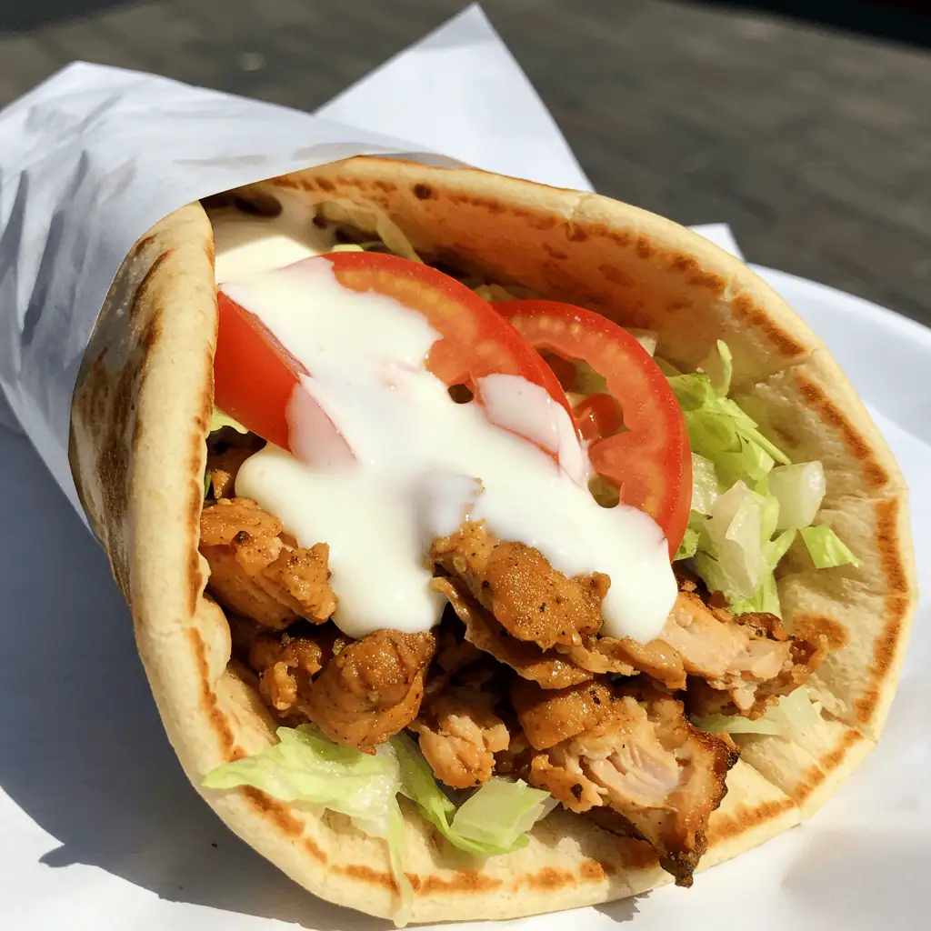 Halal white sauce on chicken gyro wrap