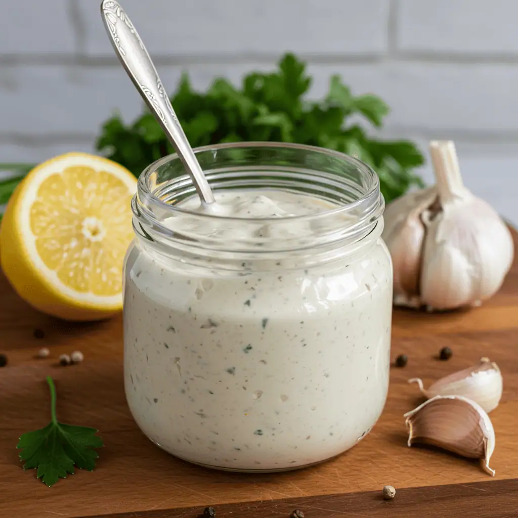 Halal white sauce recipe in a jar with garlic and herbs