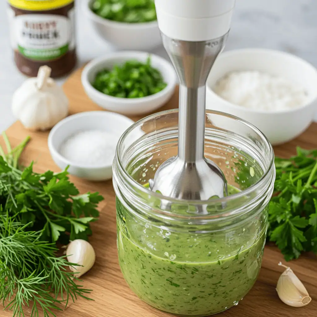 Making herby ranch for BBQ Chicken Skewer Salad
