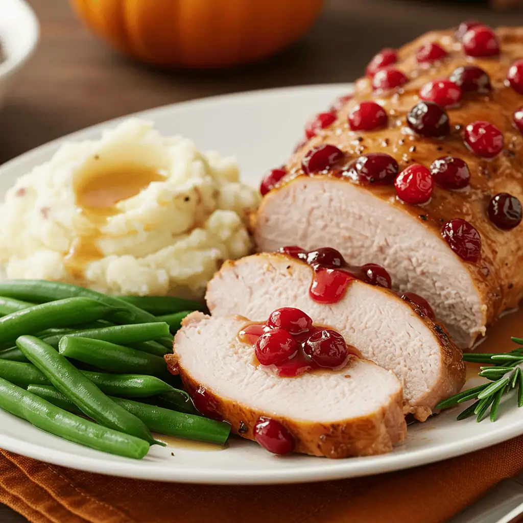 Cranberry turkey tenderloin served with mashed potatoes