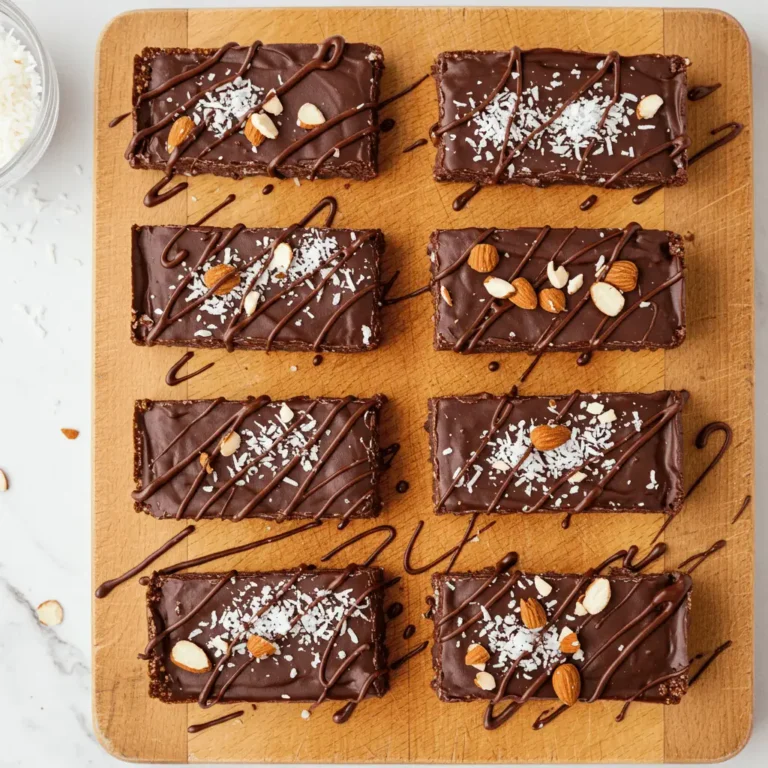 Homemade Almond Joy Protein Bars on cutting board with coconut and almonds