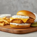 Homemade filet o fish burger close-up with tartar sauce and fries