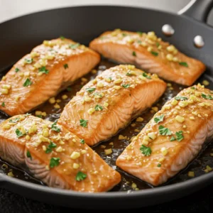honey butter garlic salmon in skillet with golden glaze