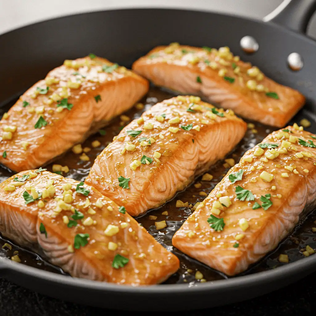 honey butter garlic salmon in skillet with golden glaze
