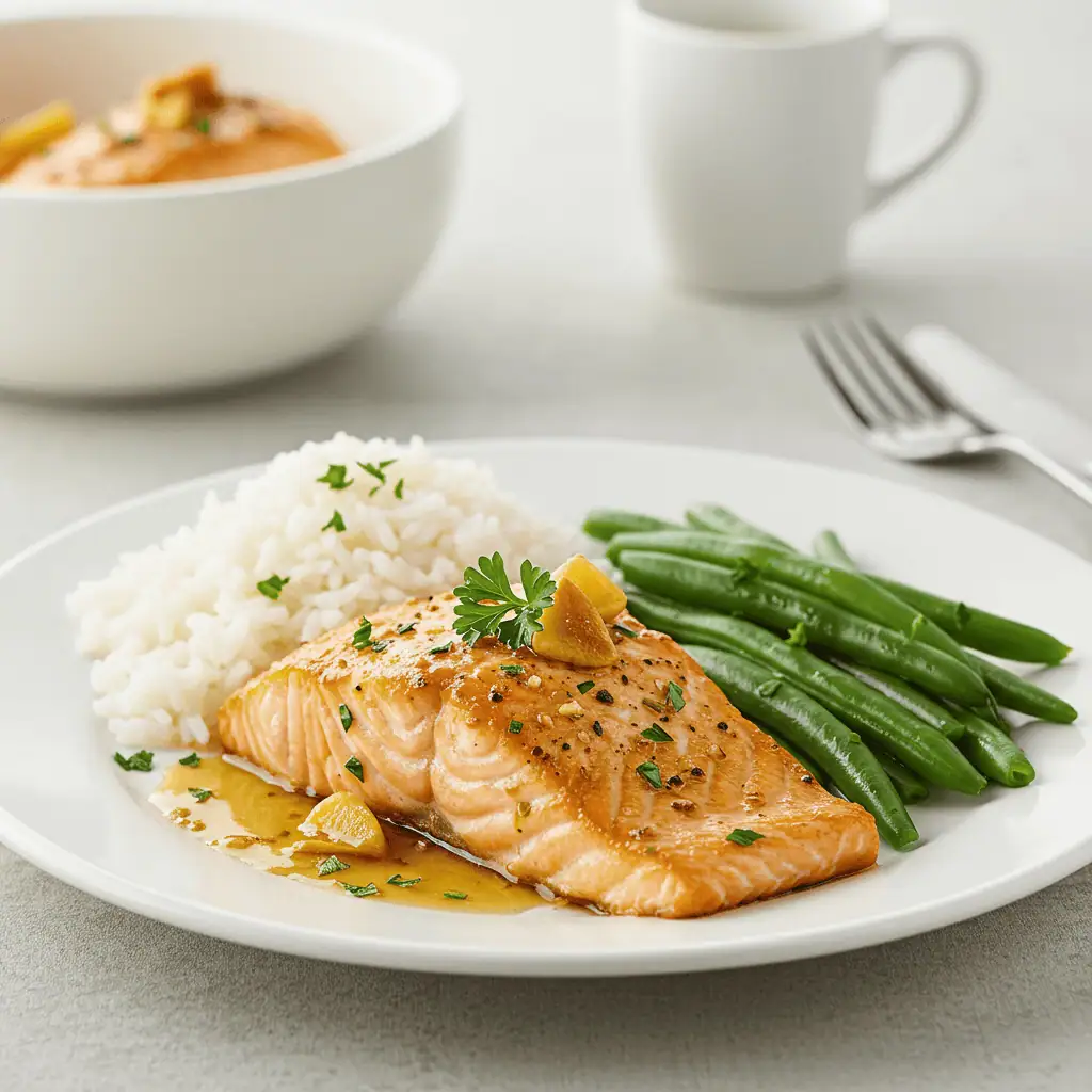 honey butter garlic salmon served with rice and green beans