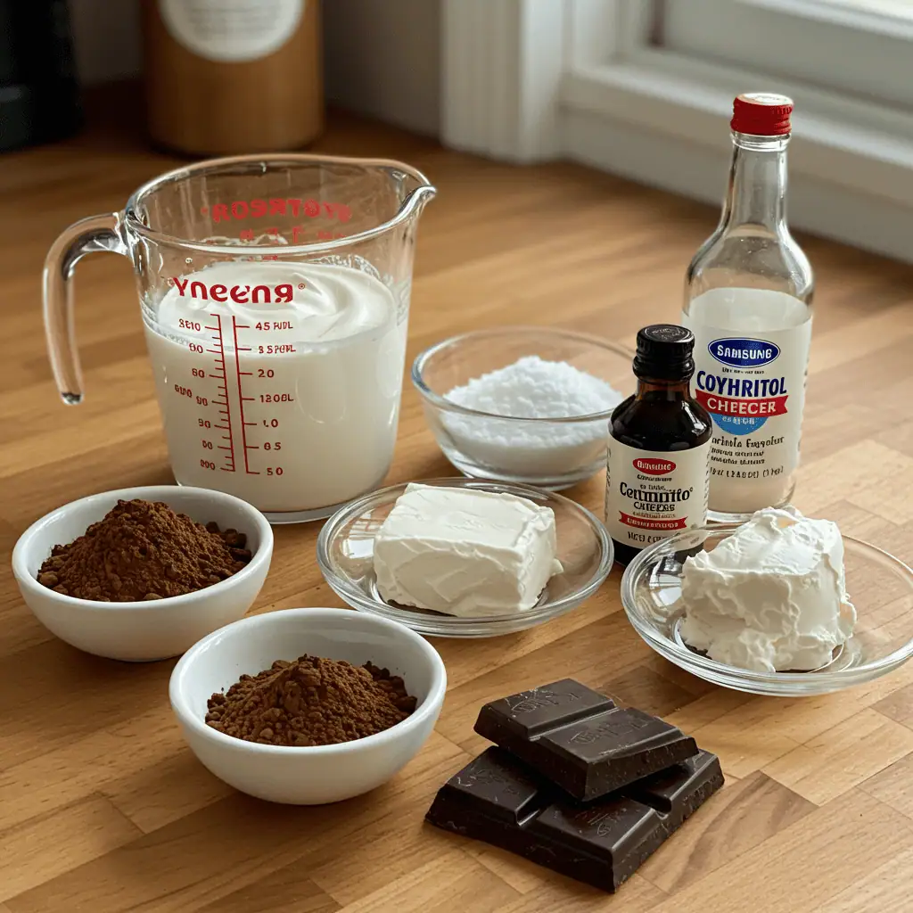 Keto chocolate mousse ingredients including cocoa and cream