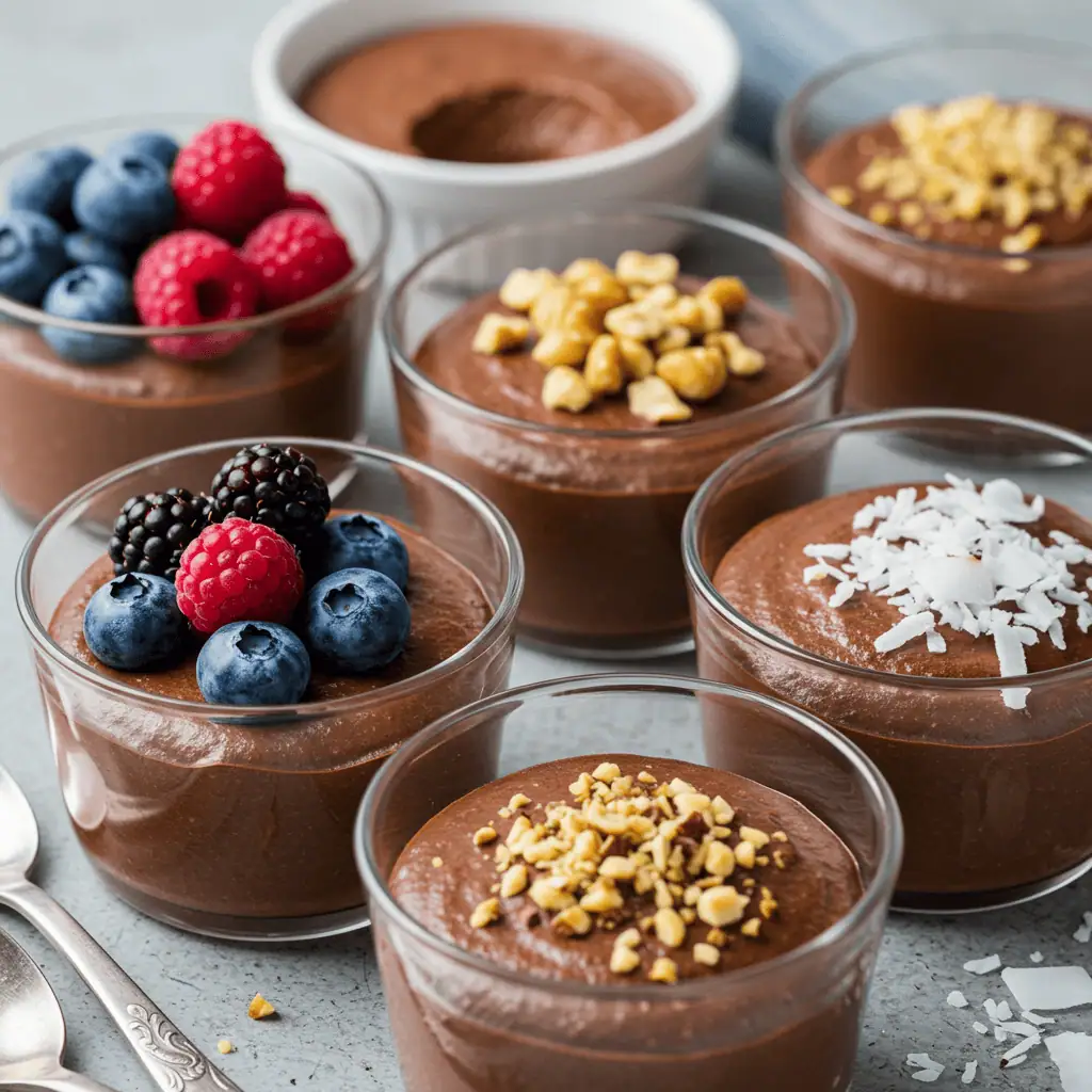 Variations of keto chocolate mousse with toppings