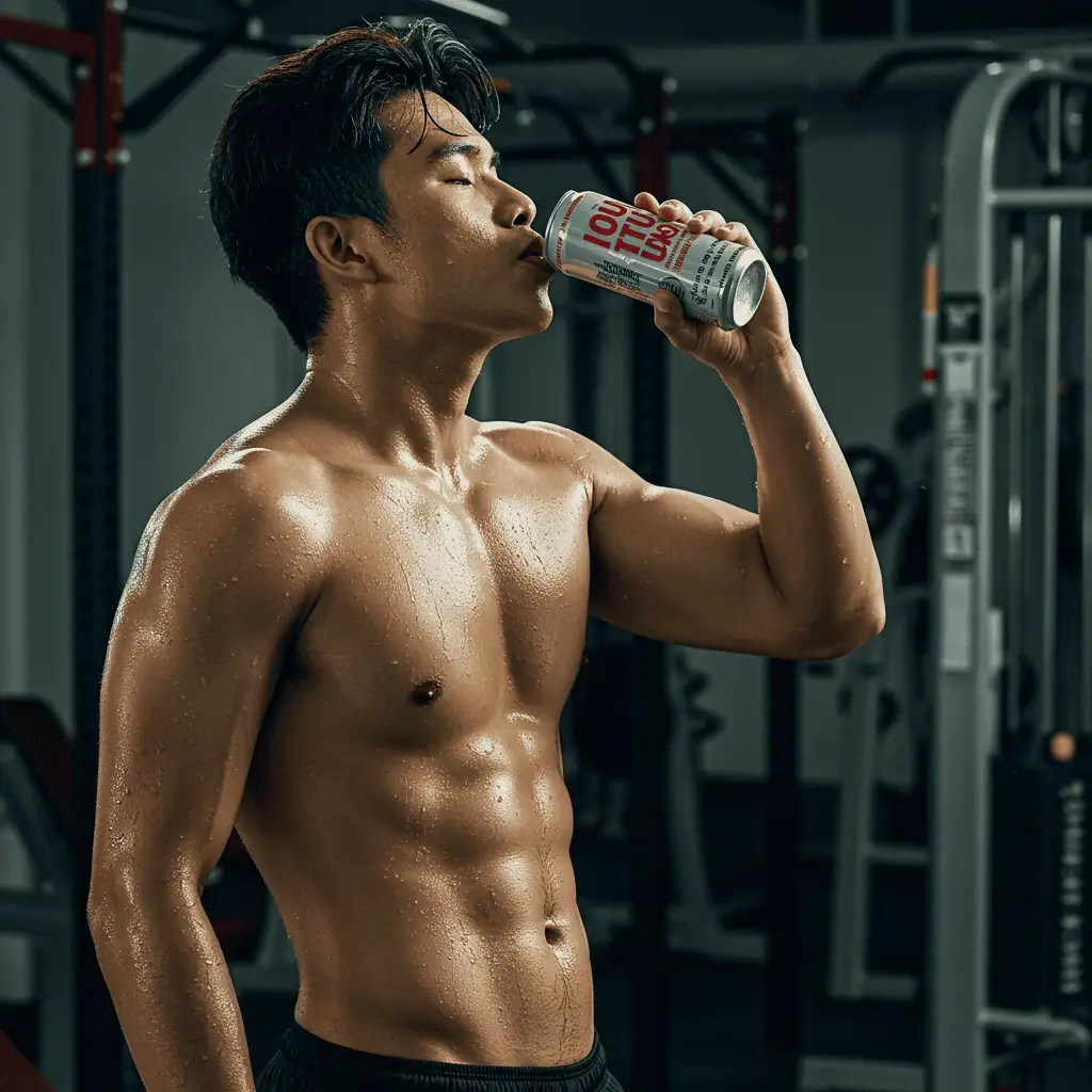 Drinking canned Lotus energy drink after workout