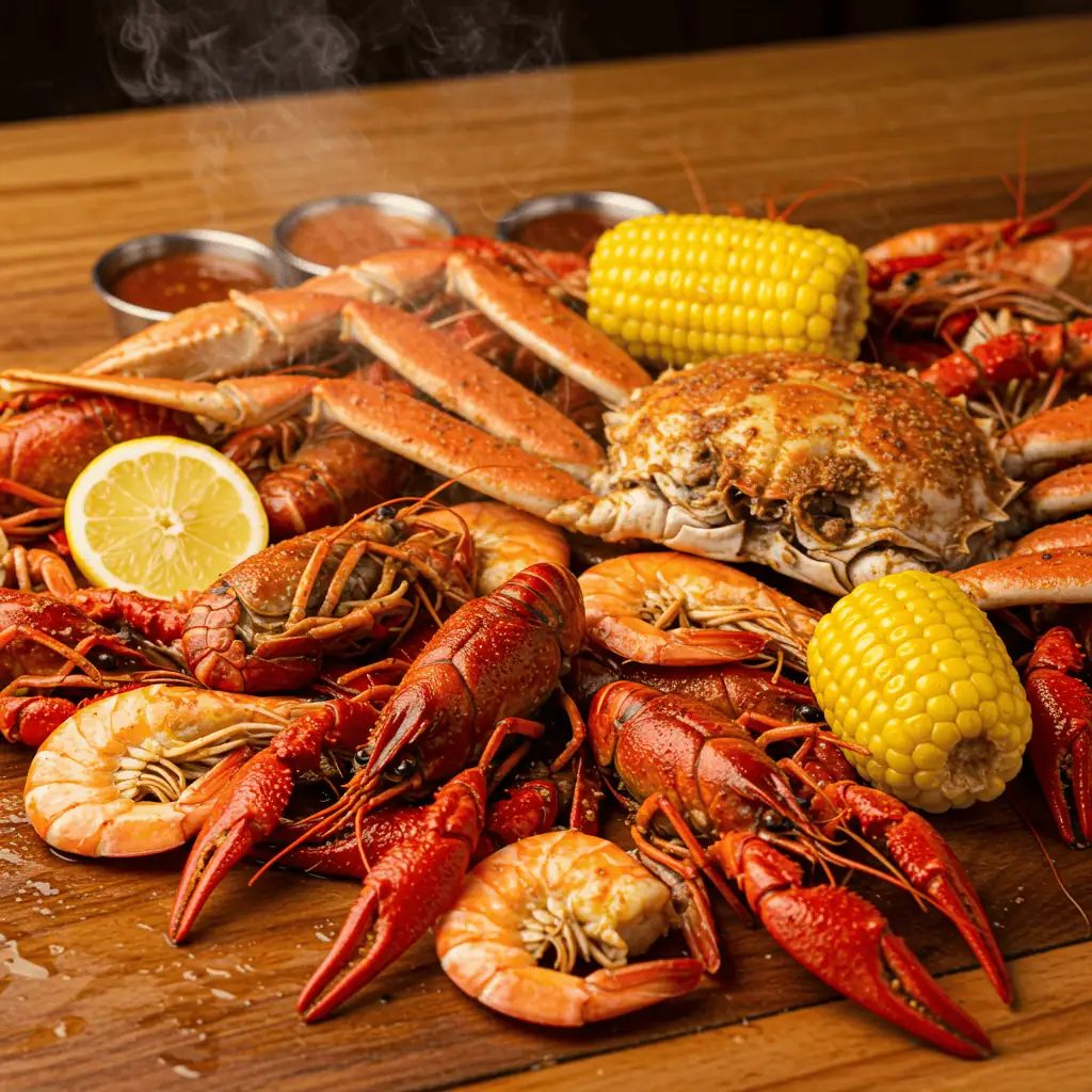 Louisiana seafood boil on rustic table with crawfish, shrimp, and corn