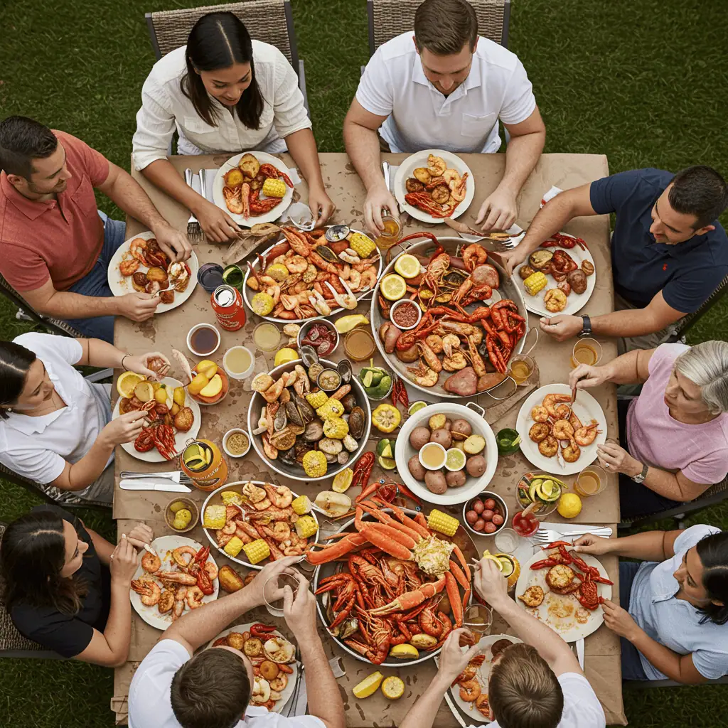 Backyard Louisiana seafood boil party with food and drinks