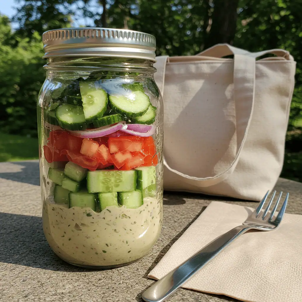 Cucumber salad in mason jar for meal prep
