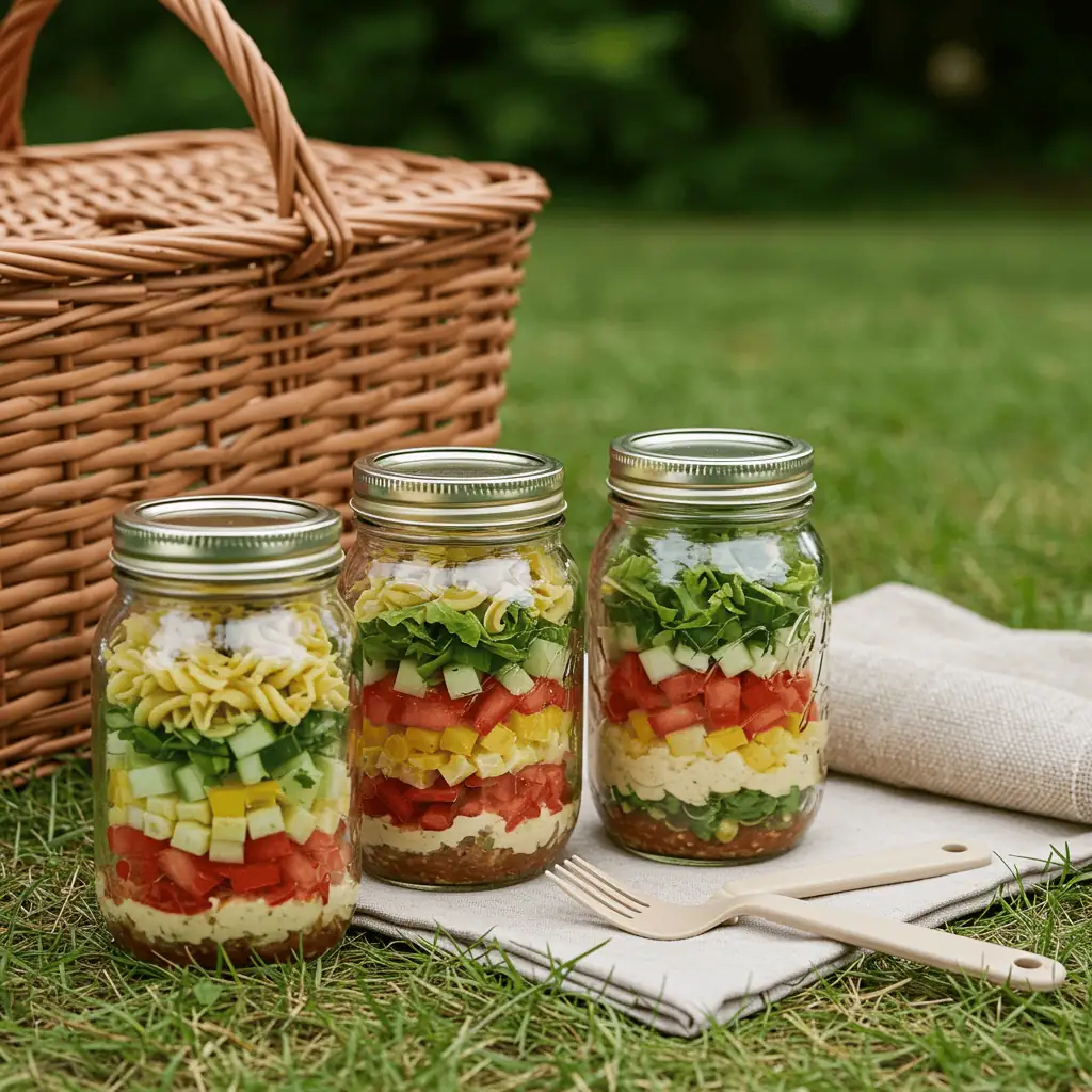 Fresh pasta salad in mason jars for BBQs and picnics