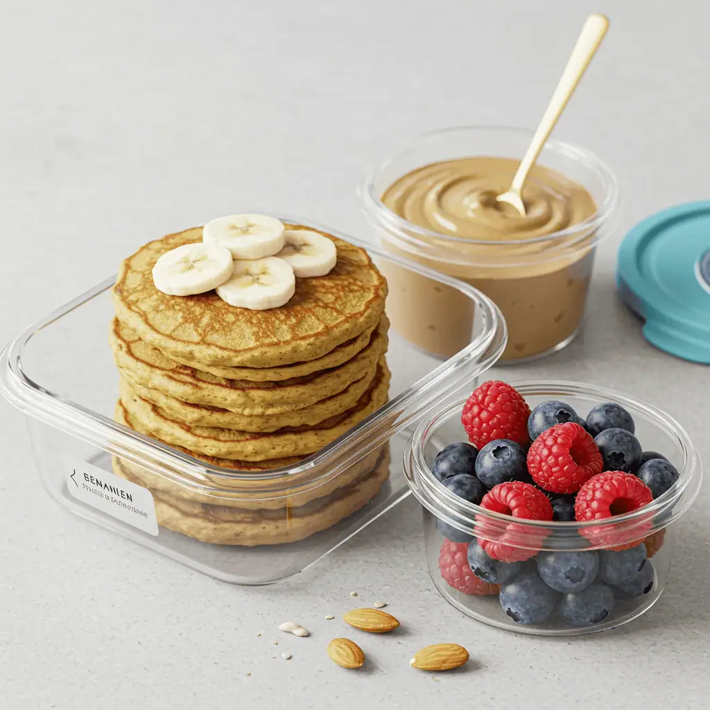 Meal prep banana protein pancakes in container