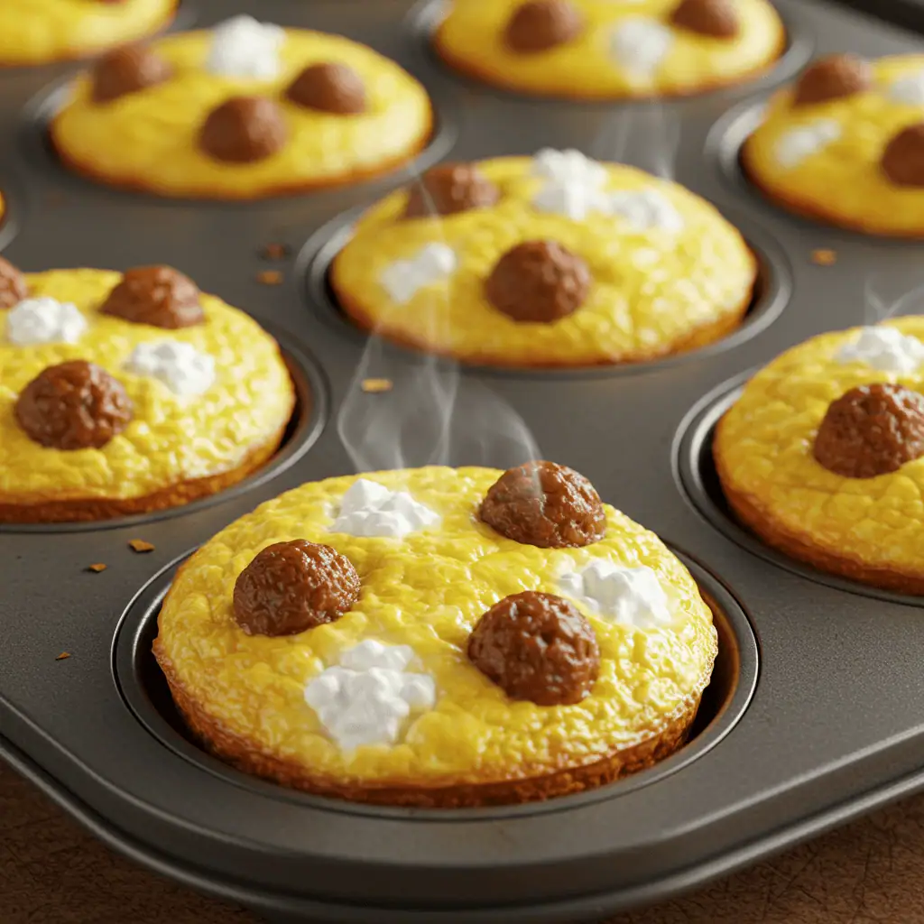Sausage egg bites with cottage cheese recipe in muffin tin freshly baked