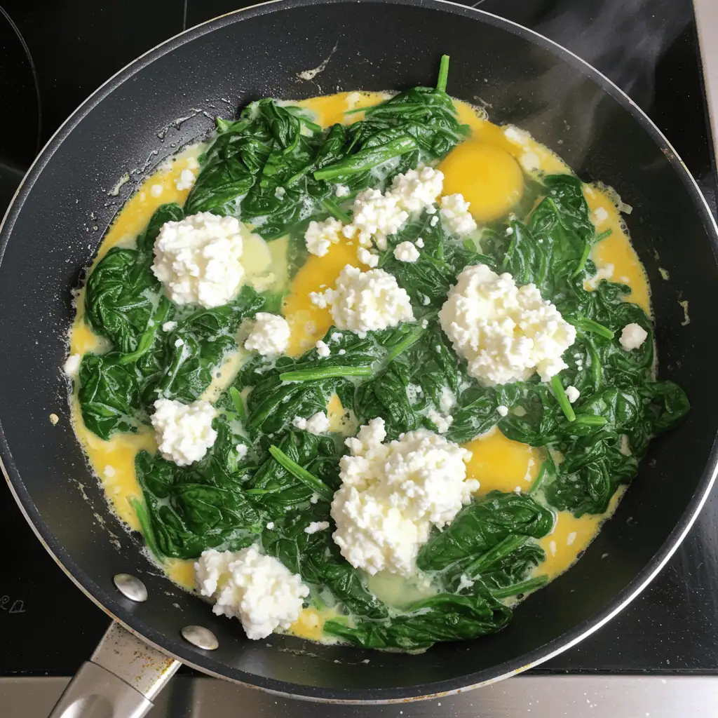 spinach scrambled eggs with cottage cheese cooking in pan