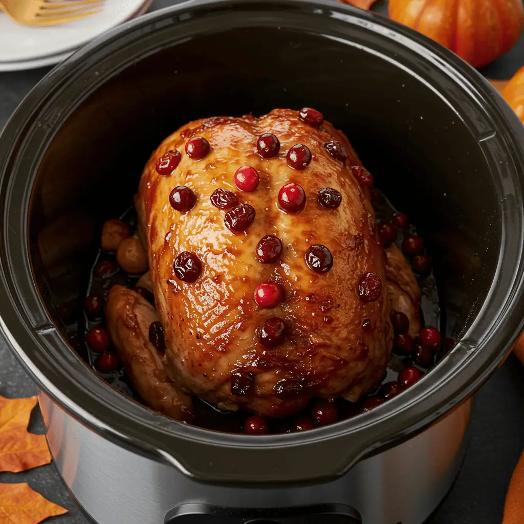 Cooked turkey tenderloin with cranberry glaze in crock pot