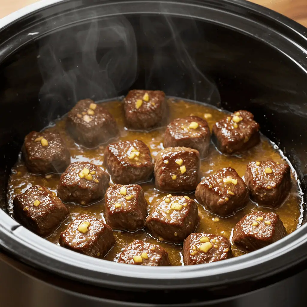 steak bites cooking in slow cooker with garlic butter glaze