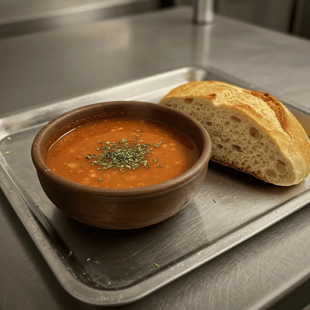 Meal tray with soup and bread served at Boynton soup kitchen