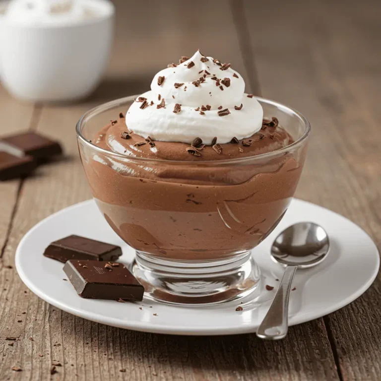 Sugar free chocolate mousse in glass bowl topped with whipped cream