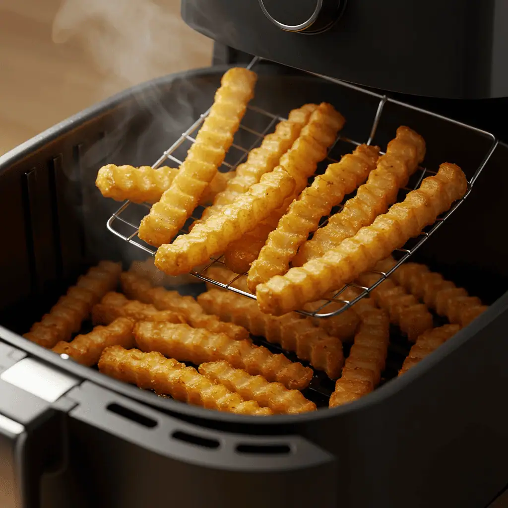 crinkle fries being cooked in air fryer basket