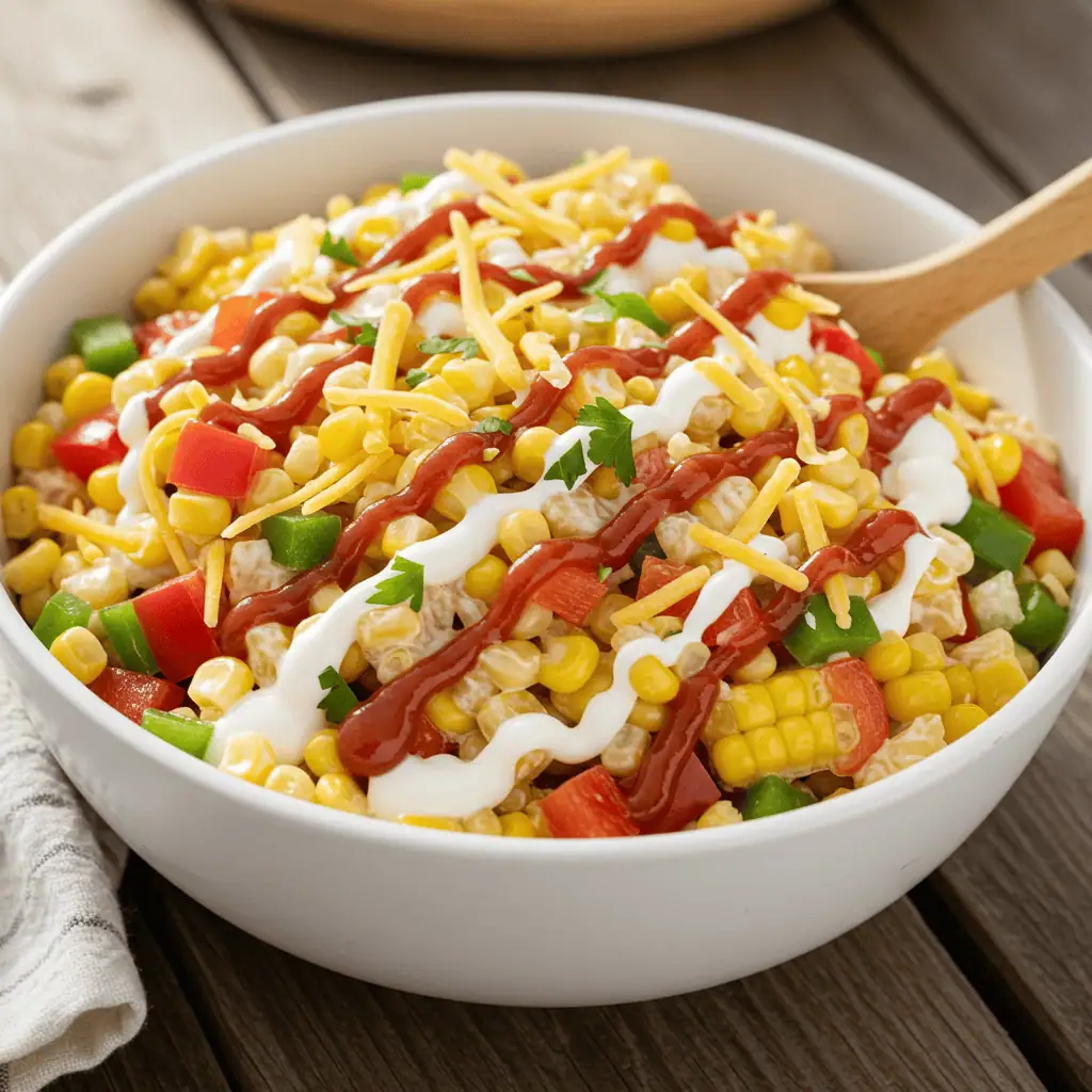 barbecue ranch frito corn salad in bowl close up
