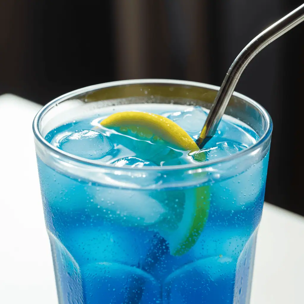 Blue lotus energy drink with ice and lemon