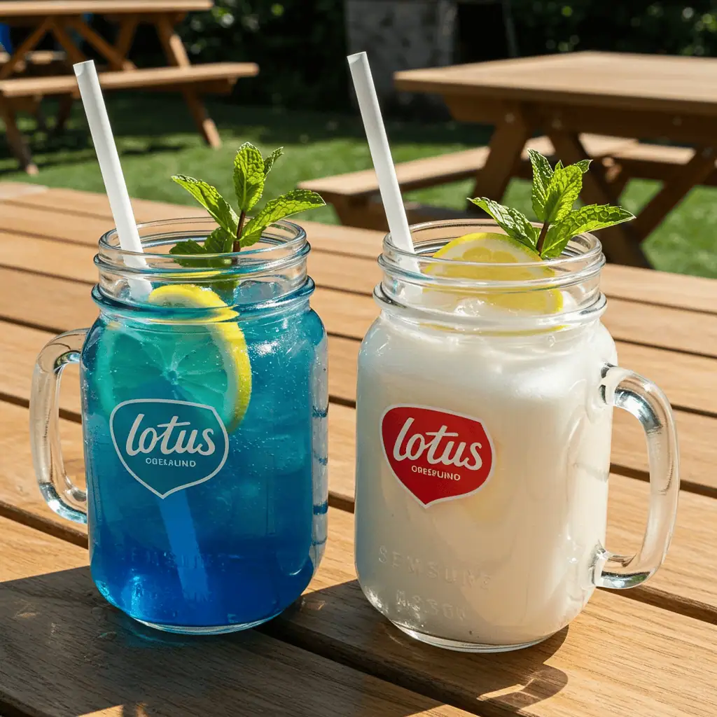 blue and white lotus drinks in mason jars