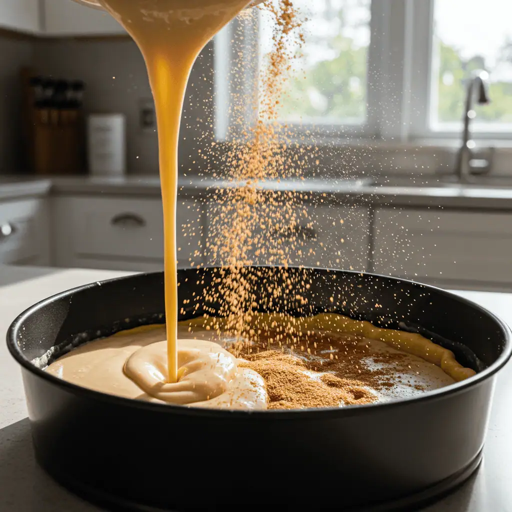 pouring churro bars batter with cinnamon sugar topping
