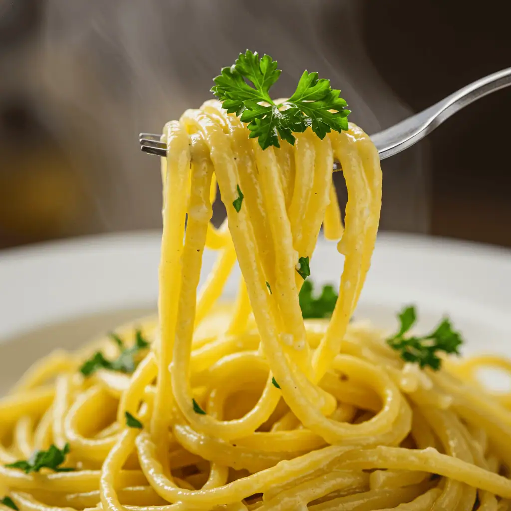 Creamy parmesan pasta twirled on a fork