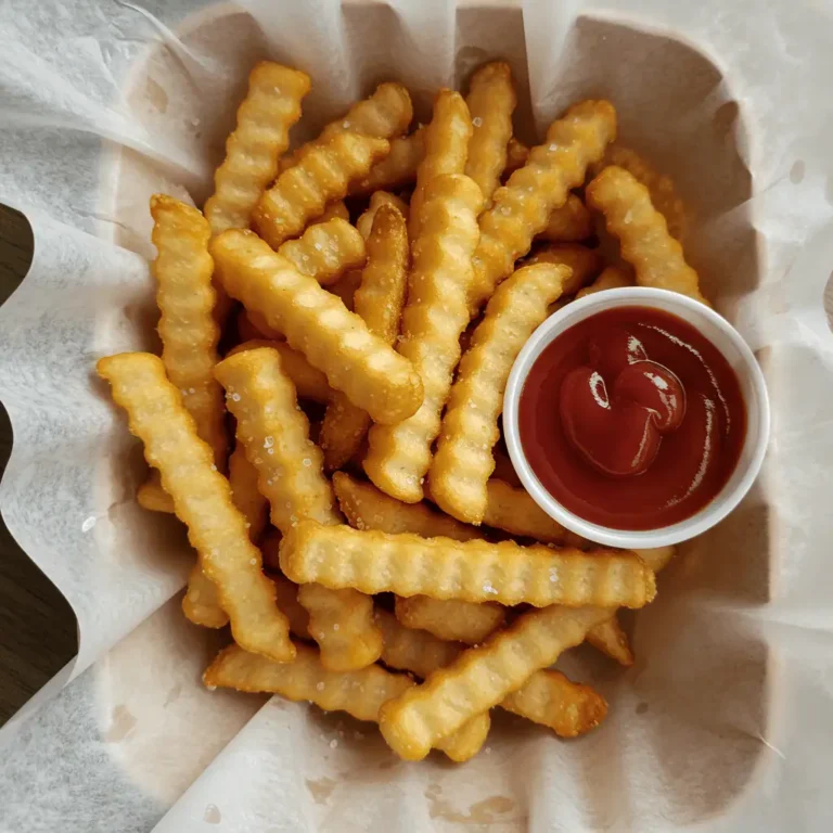 crispy crinkle french fries in basket with ketchup