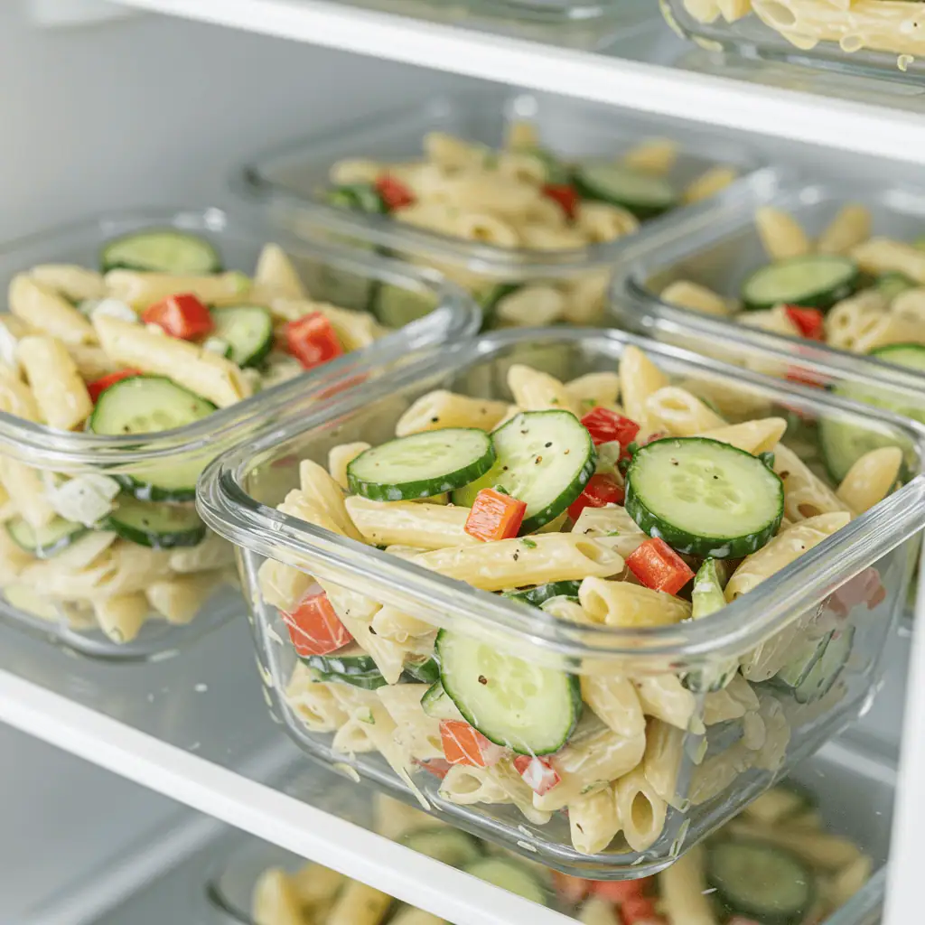 cucumber pasta salad in meal prep containers
