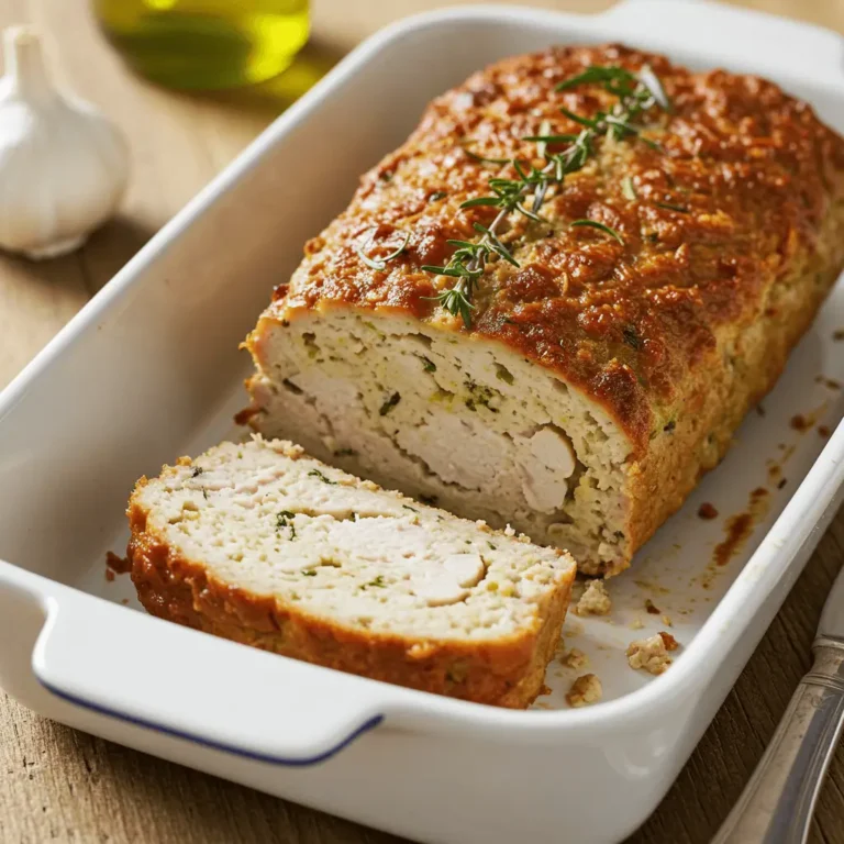 easy chicken meatloaf recipe in a rustic white baking dish