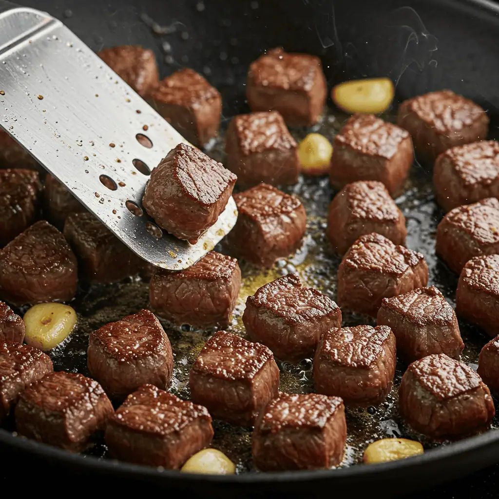 Steak cubes cooking in garlic butter
