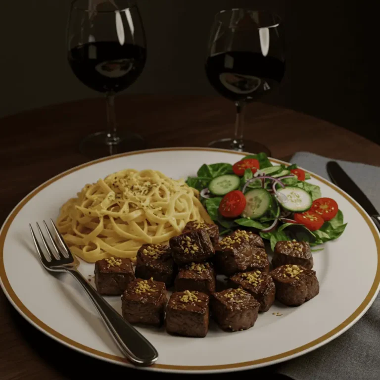 Garlic steak bites with creamy pasta and salad