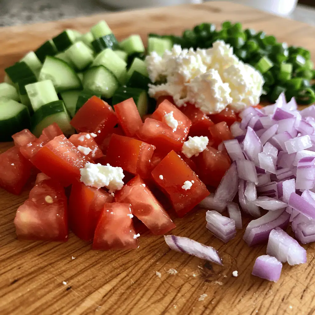 fresh chopped vegetables for Greek orzo salad