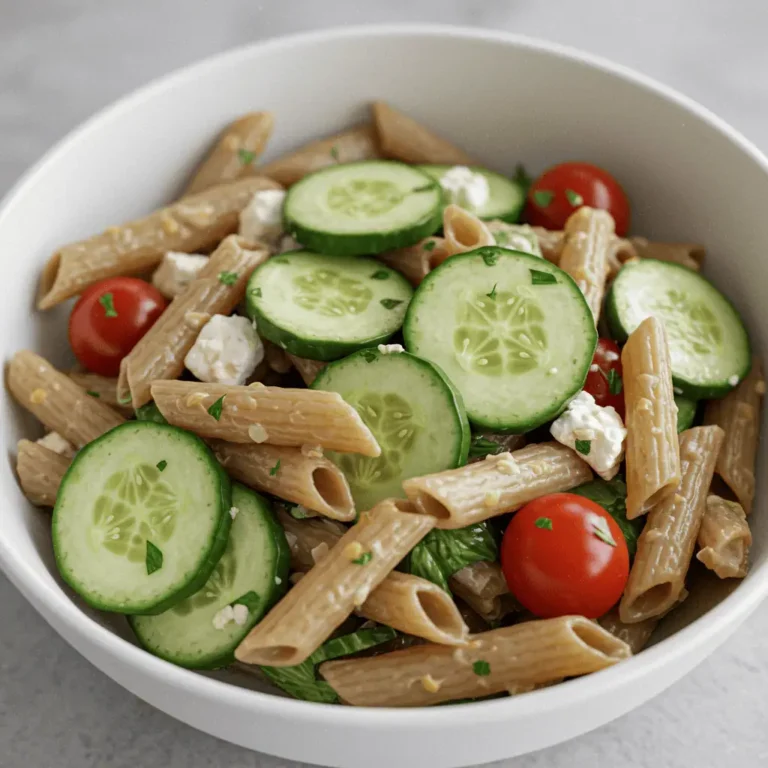 healthy cucumber pasta salad in white bowl close up