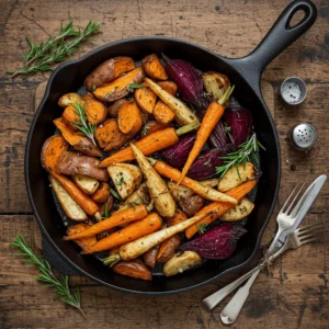 Roasted root vegetables served for healthy recipes