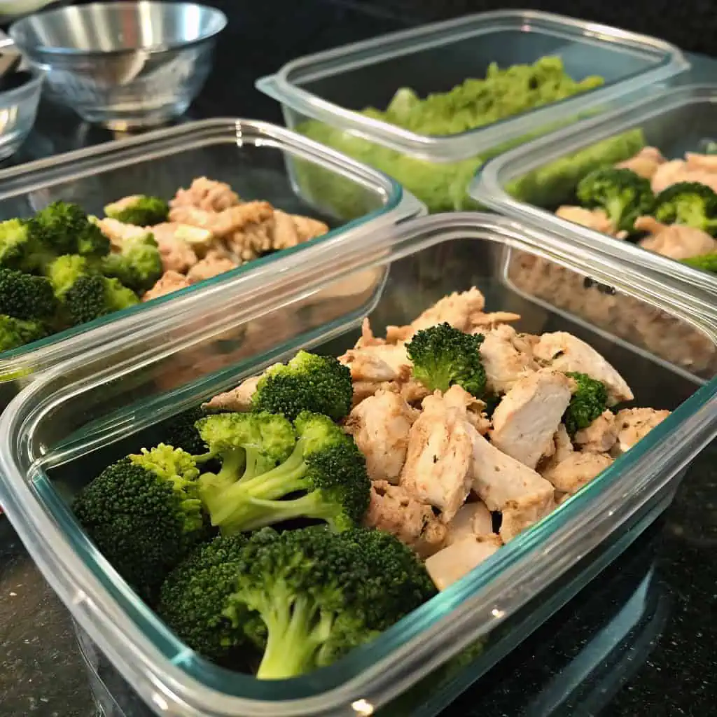 keto crockpot chicken and broccoli meal prep containers