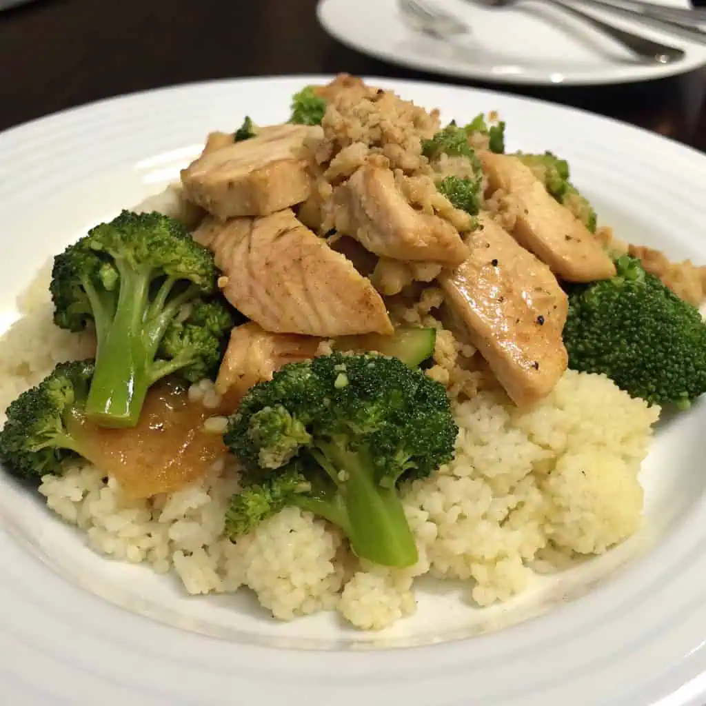 plated crockpot chicken and broccoli keto with cauliflower rice